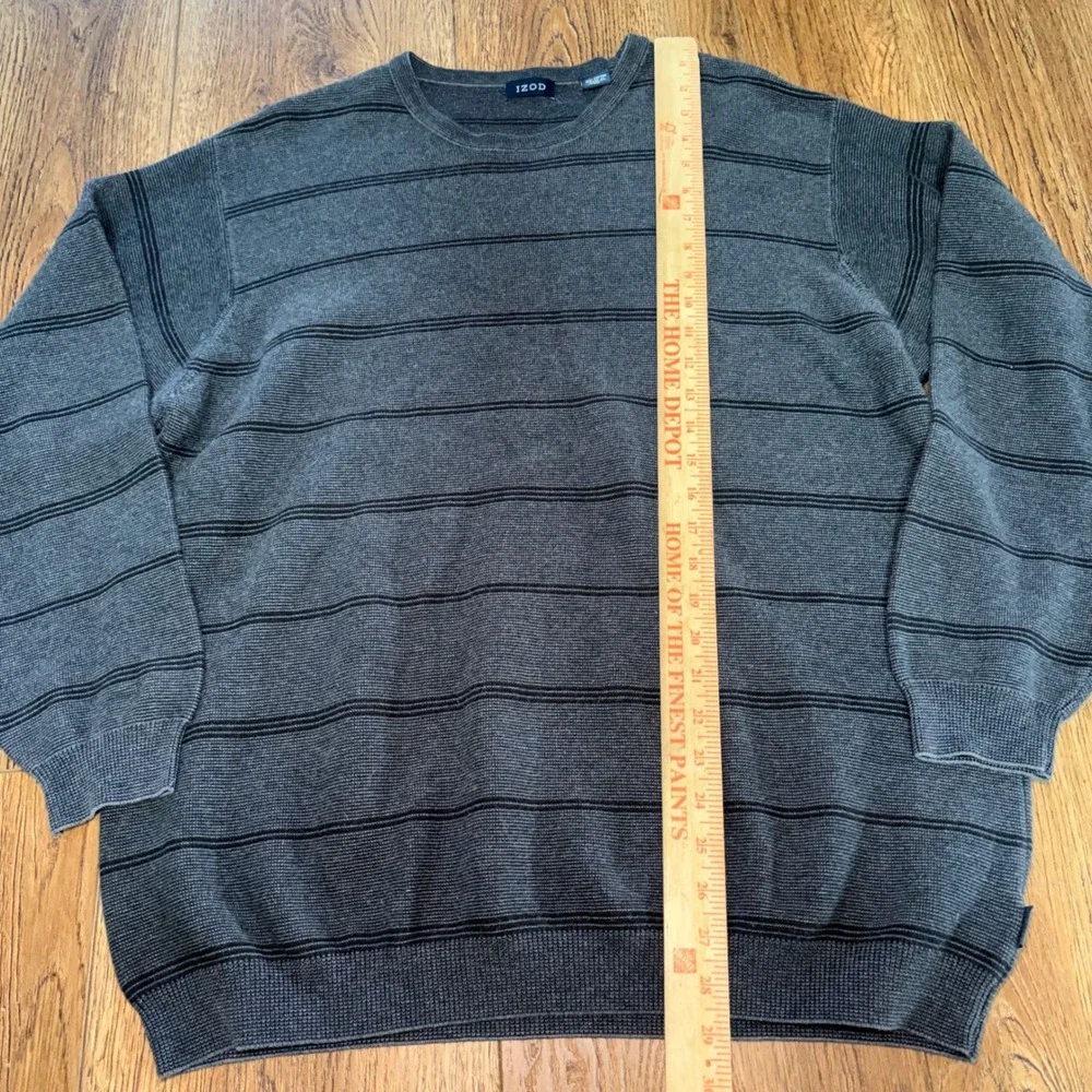 IZOD Charcoal Gray Black Striped 100% Cotton Knit Crewneck Sweater Mens XL